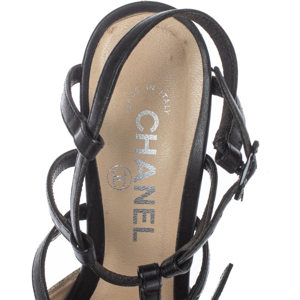 Chanel Beige/Black Leather Cage Ankle Strap Sandals Size 36.5 2