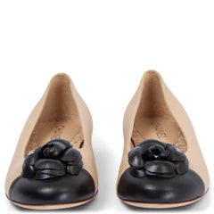 CHANEL beige & black leather CAMELLIA Ballet Flats Shoes 39.5
