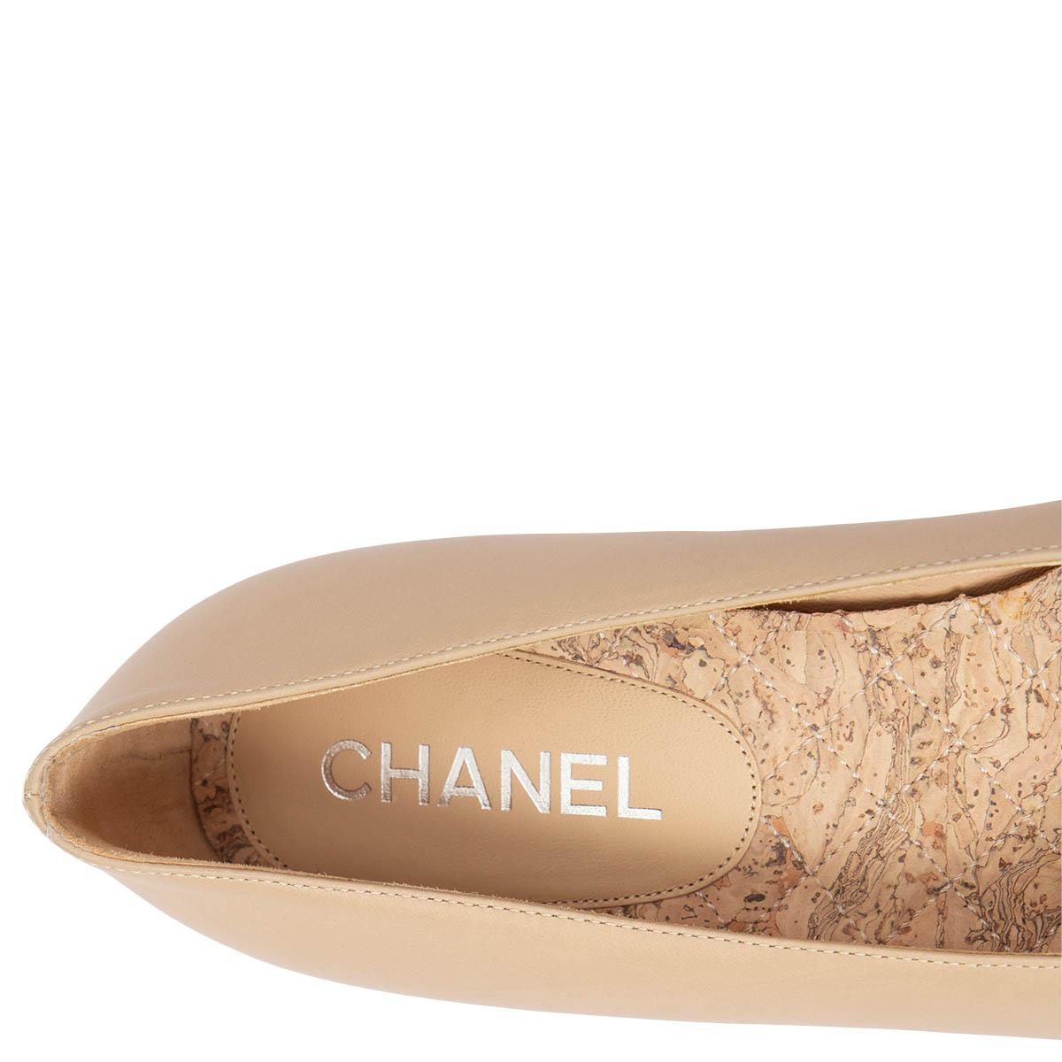 Women's CHANEL beige & black leather CAMELLIA Ballet Flats Shoes 39.5