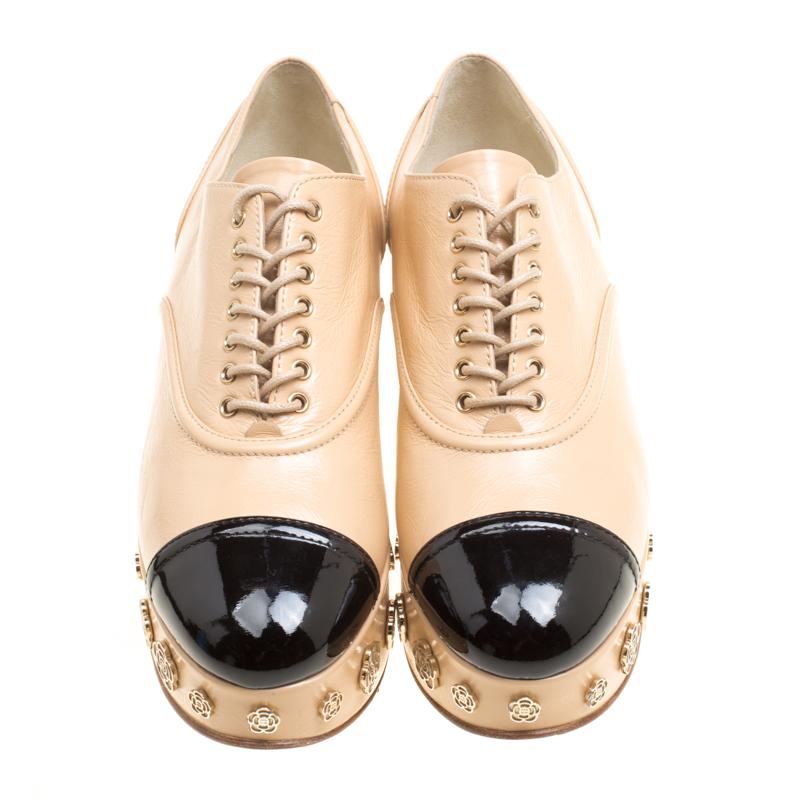 Orange Chanel Beige/ Black Leather Camellia Platform Lace Up Oxfords Size 41