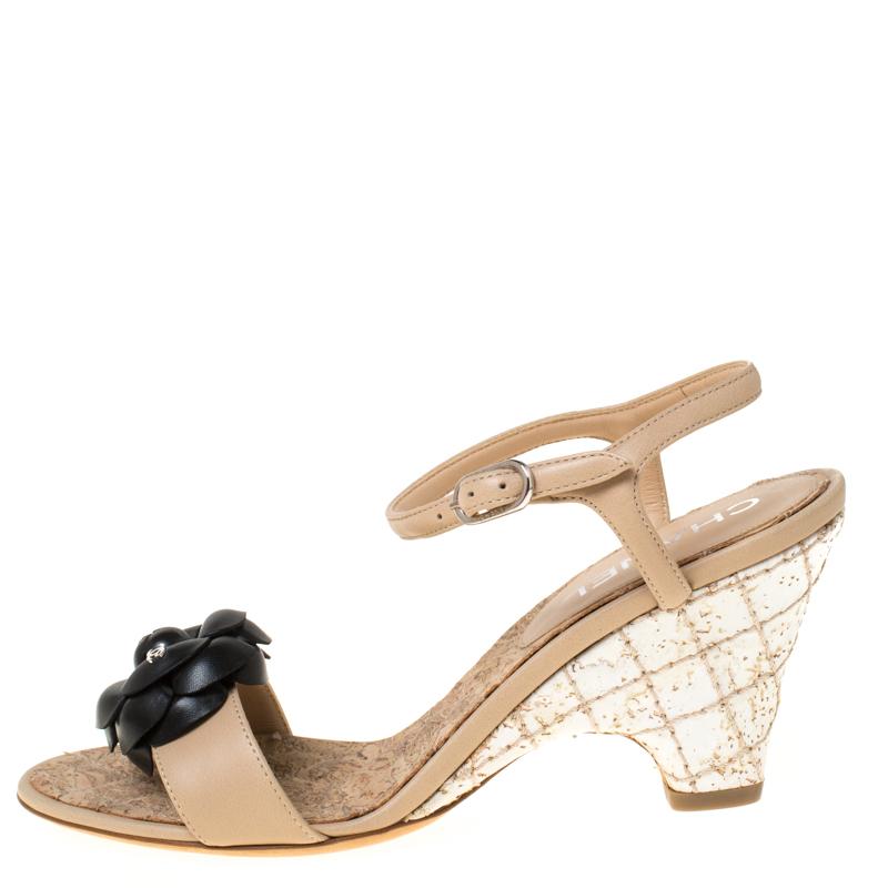 Chanel Beige/Black Leather Camellia Slingback Cork Wedge Heel Sandals Size 37 1