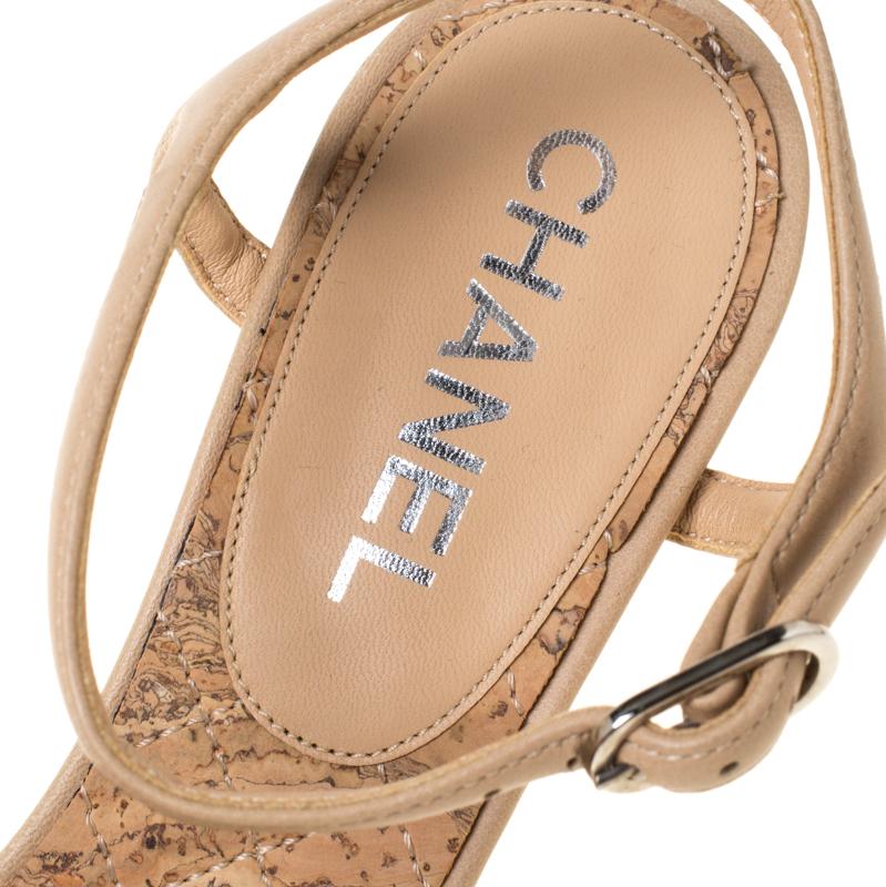 Chanel Beige/Black Leather Camellia Slingback Cork Wedge Heel Sandals Size 37 2