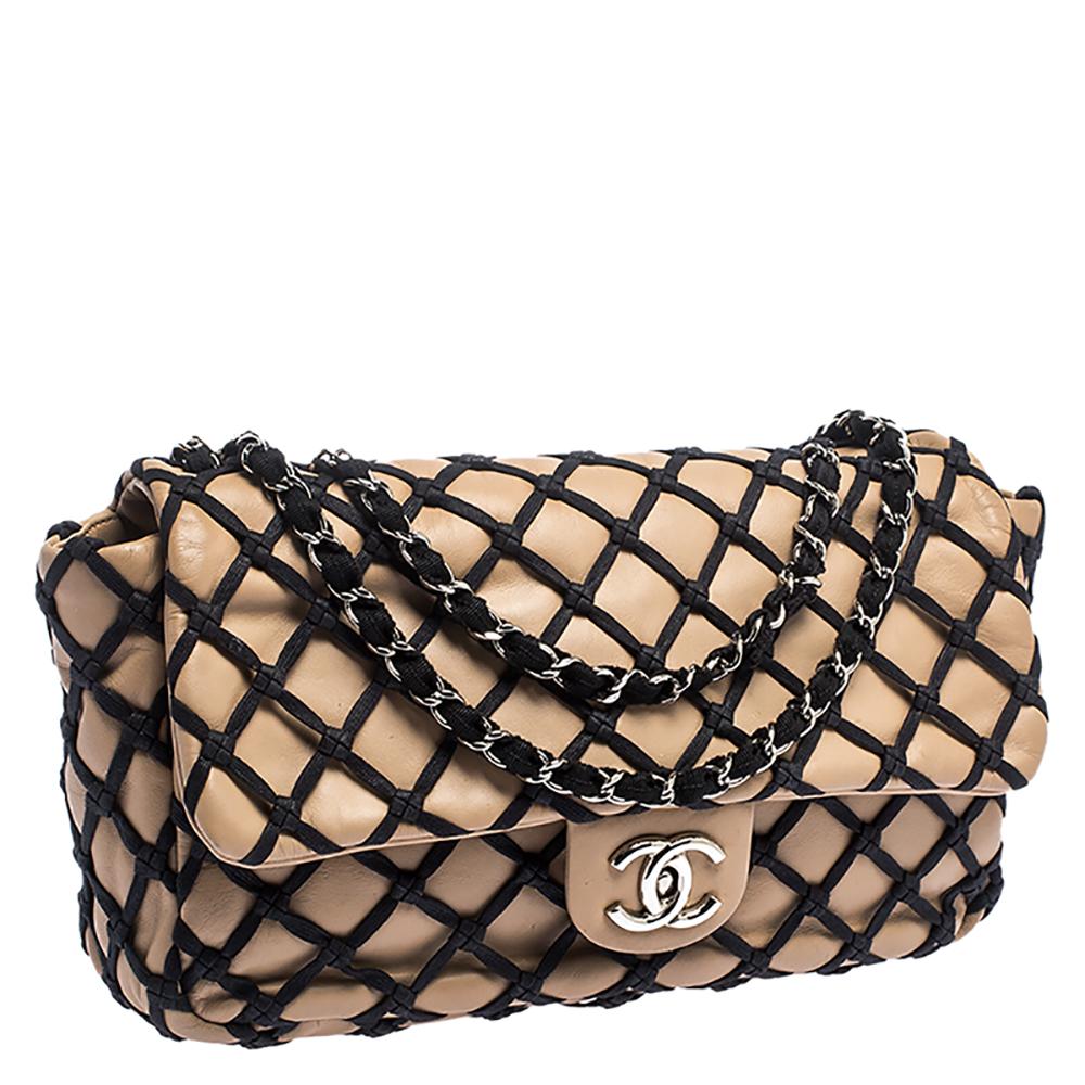 Chanel Beige/Black Leather Canebiers Jumbo Flap Bag In Good Condition In Dubai, Al Qouz 2