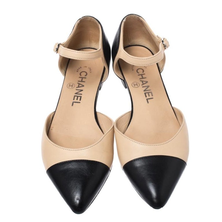 Chanel Beige/Black Leather Cap Toe D'Orsay Ankle Strap Flats Size 35 at  1stDibs | chanel ankle strap flats, chanel flats with ankle strap, beige ankle  strap flats