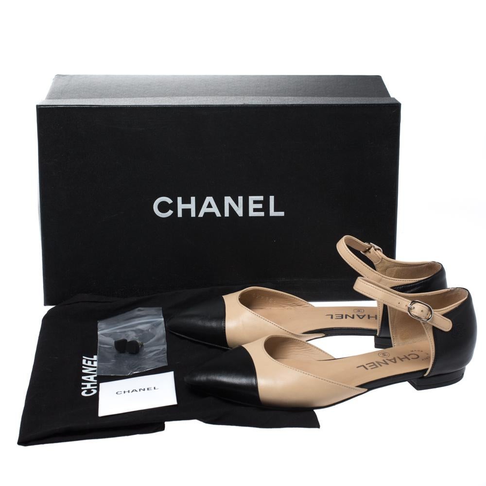 Chanel Beige/Black Leather Cap Toe D'Orsay Ankle Strap Flats Size 35 2