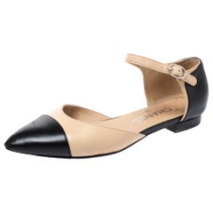 Chanel Beige/Black Leather Cap Toe D'Orsay Ankle Strap Flats Size 35