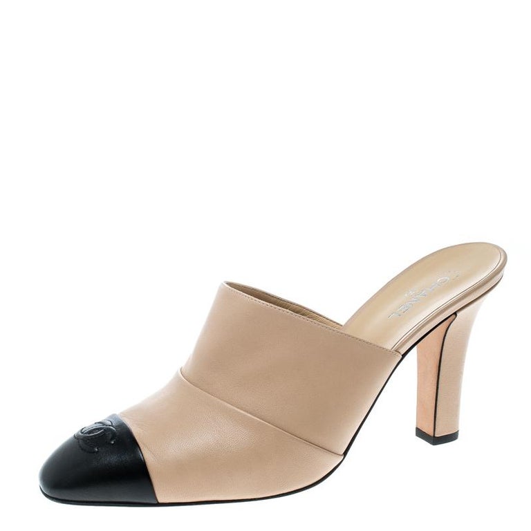 Chanel Beige/Black Leather Cap Toe Mules Size 41.5 at 1stDibs