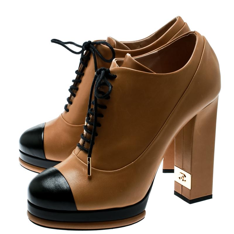 Chanel Beige Black Leather Cap Toe Platform Ankle Boots Size 40