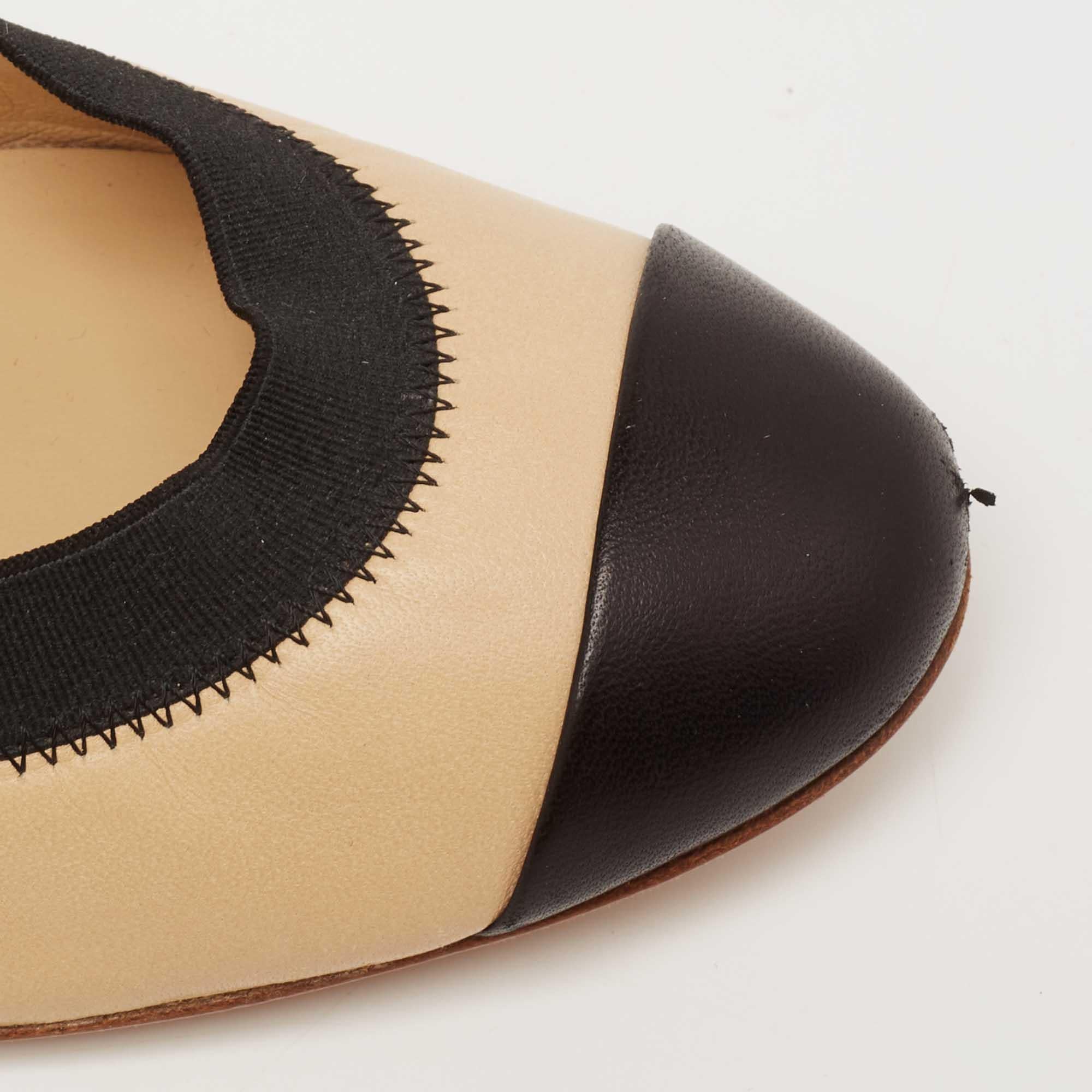Chanel Beige/Black Leather Cap Toe Scrunch Elastic CC Scrunch Pumps Size 38 3