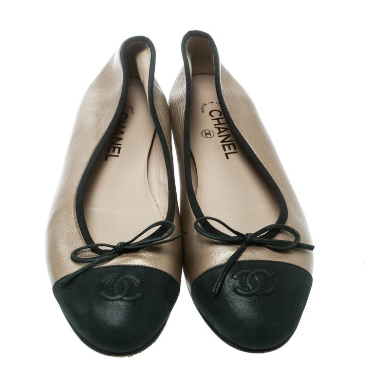Chanel Beige/Black Leather CC Cap Toe Ballet Flats Size 41 For Sale at ...