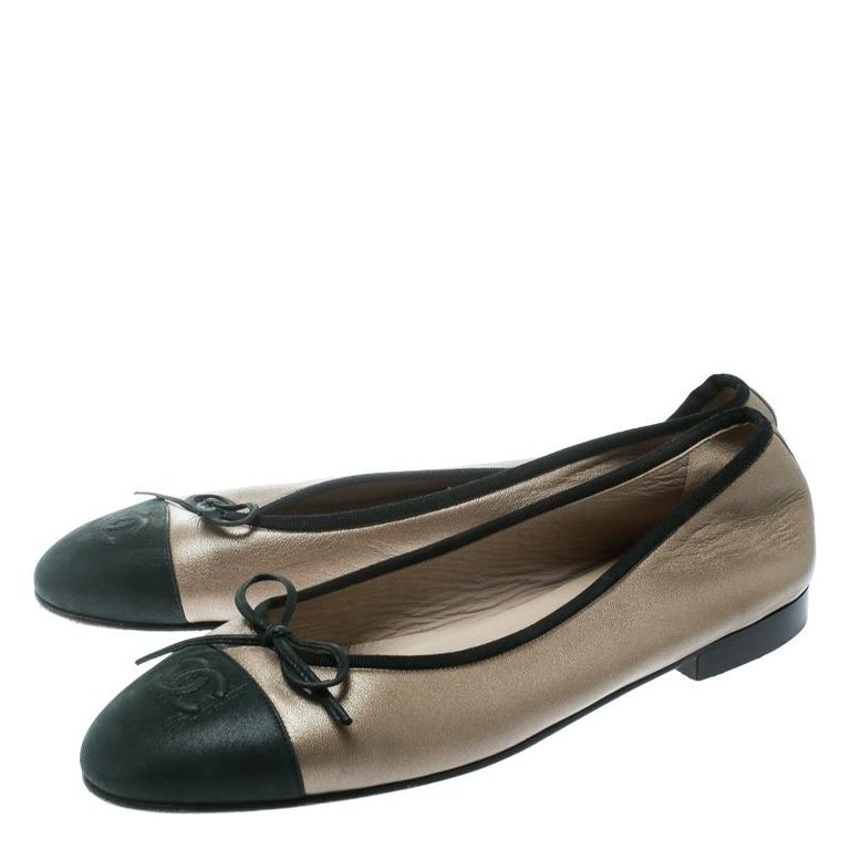 Chanel Beige/Black Leather CC Cap Toe Ballet Flats Size 41 For Sale at ...