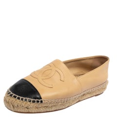 Chanel Beige/Black Quilted Leather and Fabric Cap Toe Espadrille