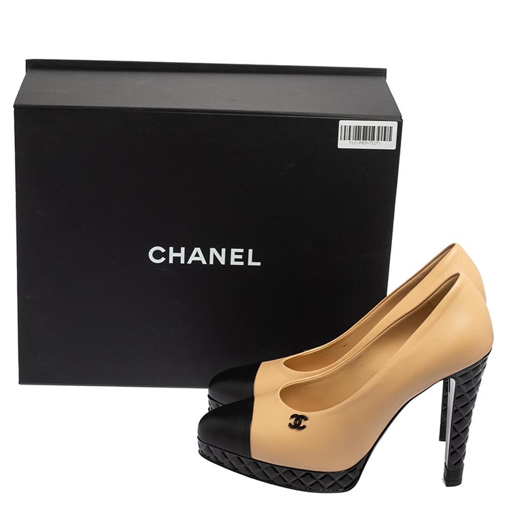 Chanel Beige/Black Leather CC Cap Toe Quilted Platform Pumps Size 40 3