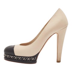 Chanel Beige/Black Leather CC Chain Link Platform Pumps Size 38.5