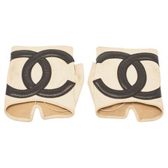 Chanel Beige/Black Leather CC Fingerless Gloves Size 8