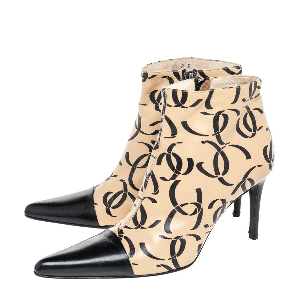 Women's Chanel Beige/Black Leather CC Logo Ankle Boots Size 38