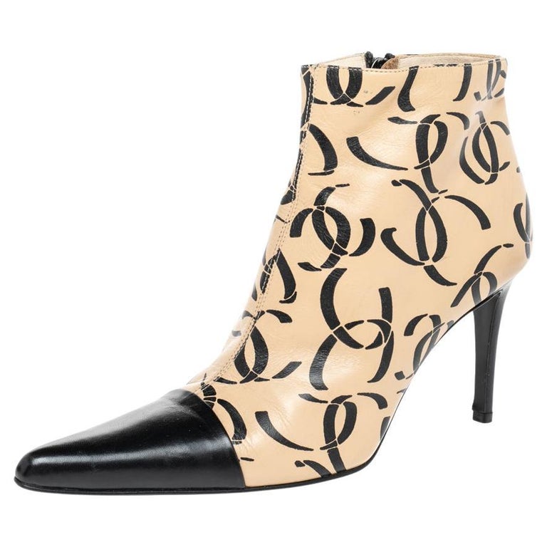 Chanel Beige/Black Leather CC Logo Ankle Boots Size 38 at 1stDibs
