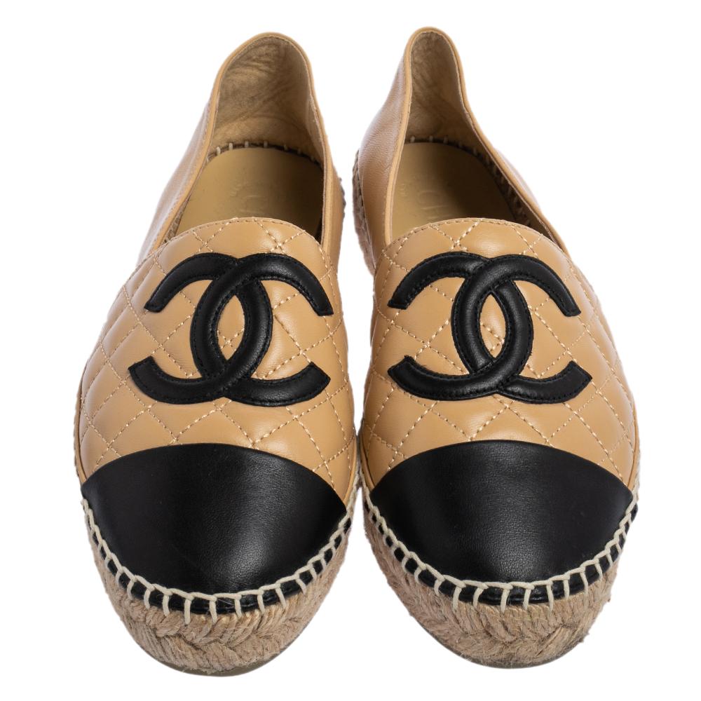 Women's Chanel Beige/Black Leather Espadrille Flats Size 38