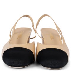 CHANEL beige & black leather G31318 Slingbacks Pumps Shoes 38.5