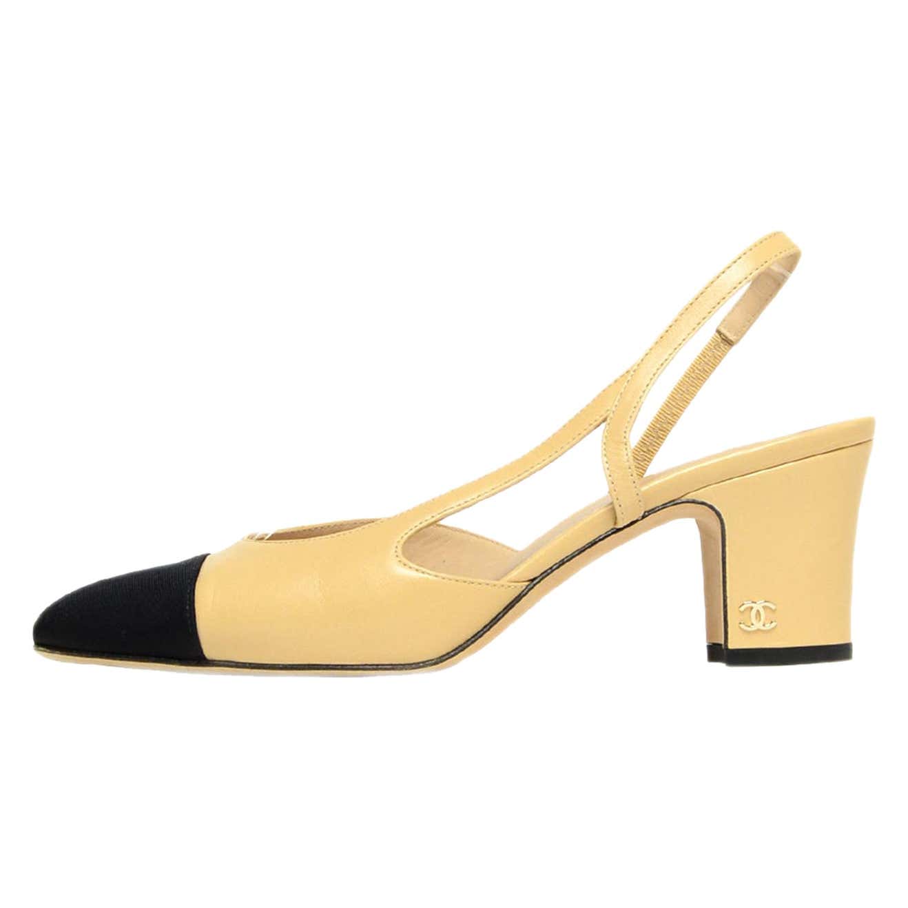Chanel Beige Black Leather And Grosgrain Cap Toe Slingback Heels Sz 37 chanel-beige-black-leather-and-grosgrain-cap-toe-slingback-heels-sz-37