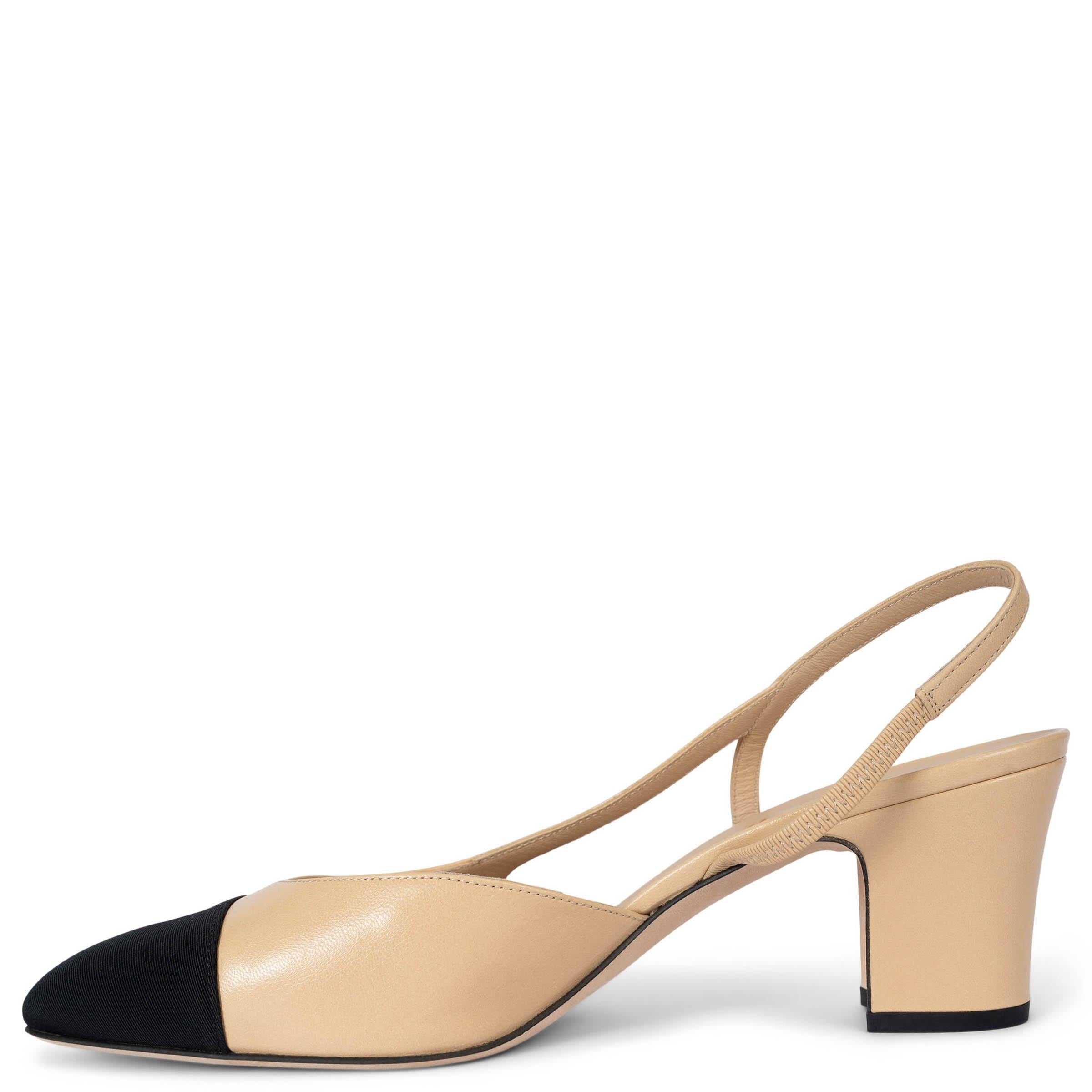 Beige Chanel beige e nero in pelle e grosgrain Scarpe Slingback 41.5
