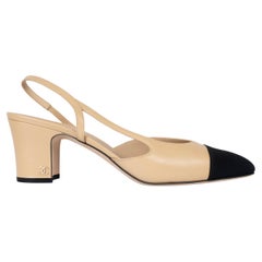 CHANEL beige & black leather & grosgrain Slingbacks Shoes 41.5