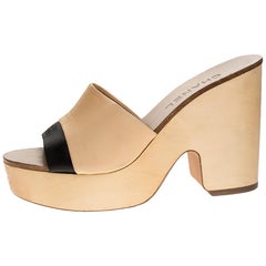chanel clogs Chanel Beige/Black Leather Open Toe Slide Wooden Clogs Size 37.5