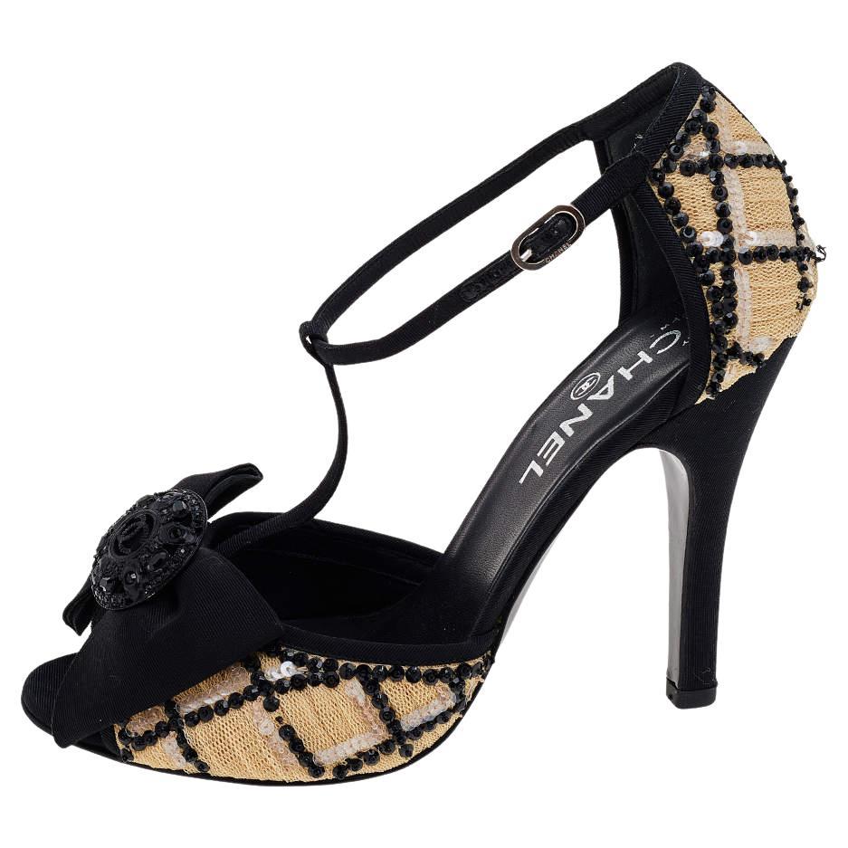 Chanel Beige/Black Mesh And Fabric Ankle Strap Sandals Size 38 For Sale