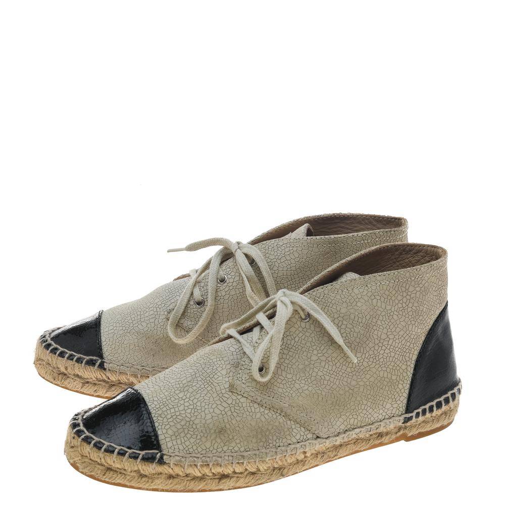 Women's Chanel Beige/Black Patent And Leather Cap Toe Espadrille High Top Sneakers Size