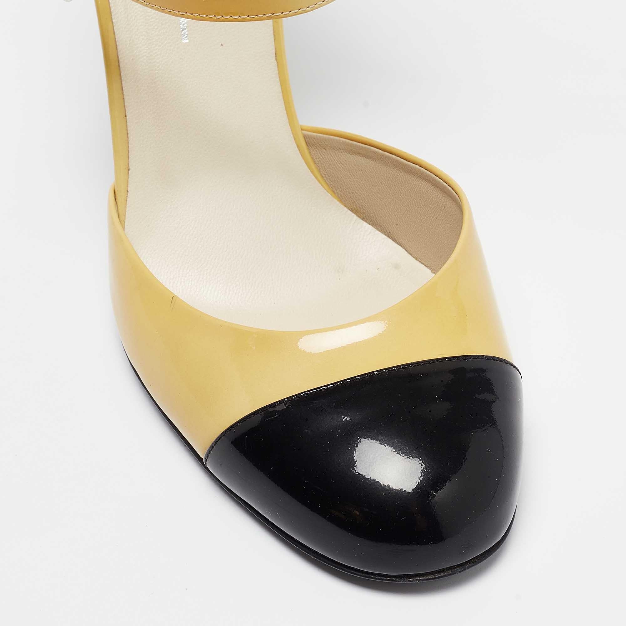 Chanel Beige/Black Patent Camellia Ankle Strap Pumps Size 38.5 3