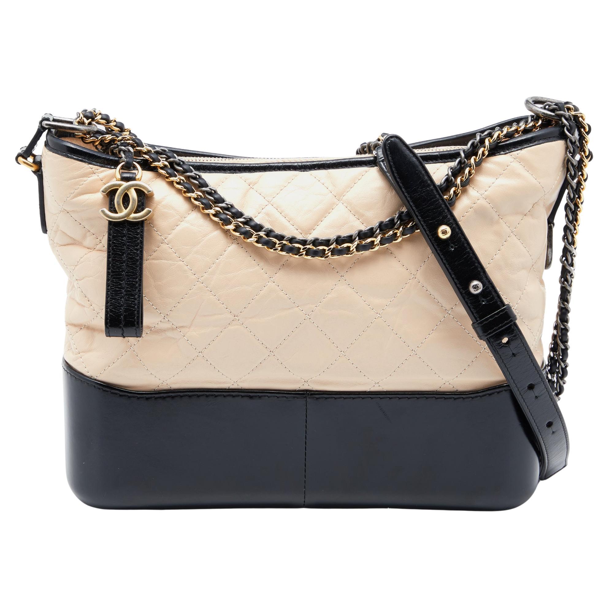 Chanel Beige/Black Quilted Aged Leather Medium Gabrielle Bag at