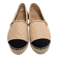 Chanel Beige/Black Quilted Leather and Fabric Cap Toe Espadrille Flats Size 38