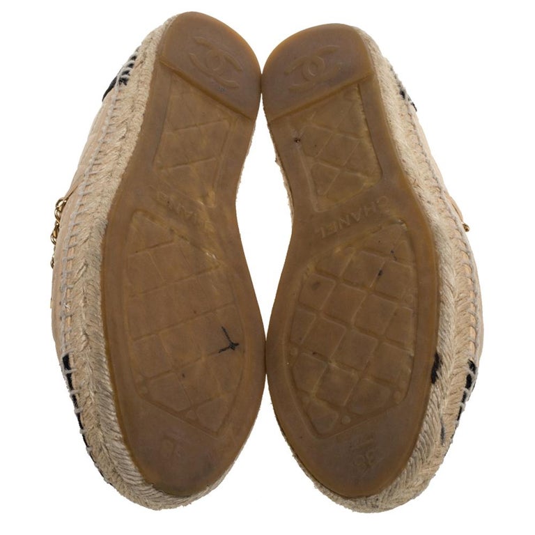Chanel Beige/Black Quilted Leather and Fabric Cap Toe Espadrille Flats