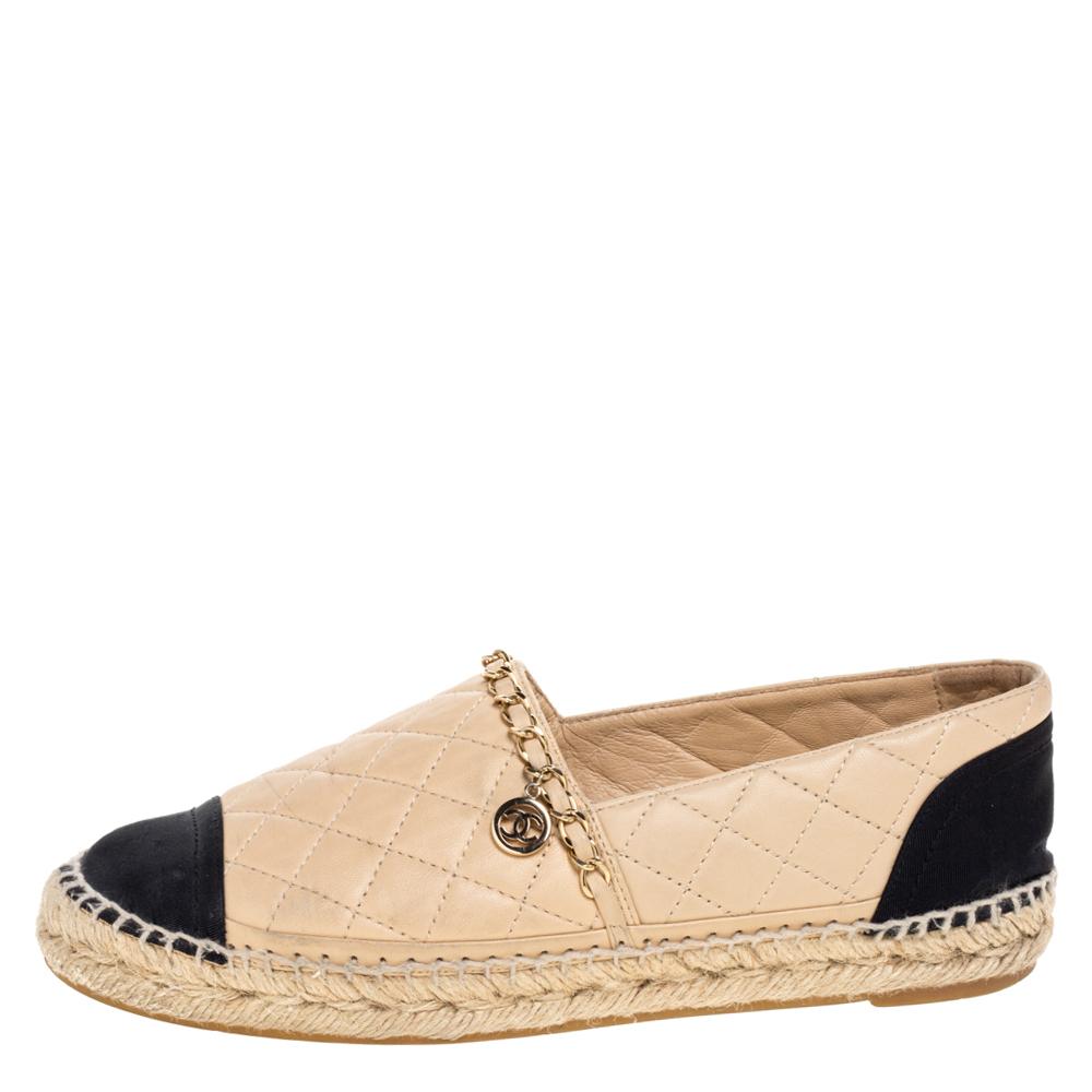 Chanel Beige/Black Quilted Leather and Fabric Cap Toe Espadrille Flats Size 38 3