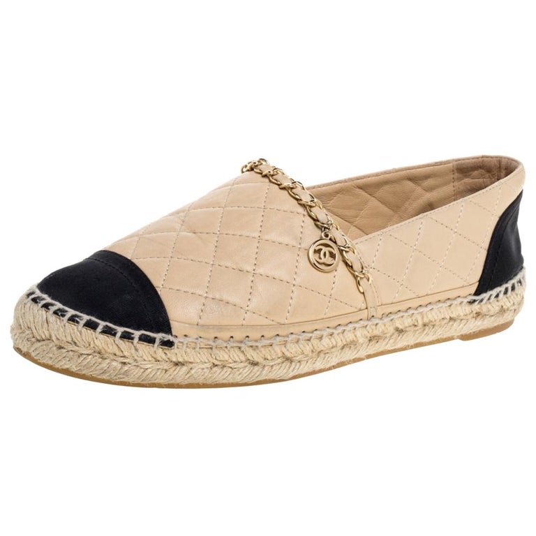 Chanel Beige/Black Quilted Leather and Fabric Cap Toe Espadrille Flats