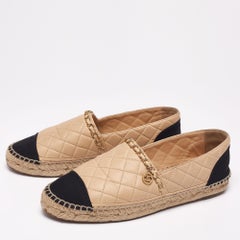 Chanel Beige/Black Quilted Leather And Fabric Cap Toe Espadrille Flats Size 39
