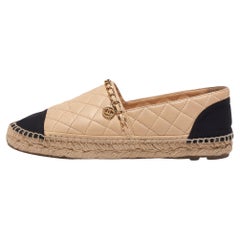 Chanel Beige/Black Quilted Leather And Fabric Cap Toe Espadrille Flats Size 39
