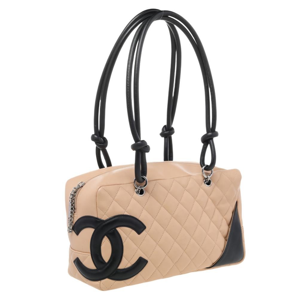Chanel Beige/Black Quilted Leather Cambon Ligne Bowler Bag In Good Condition In Dubai, Al Qouz 2