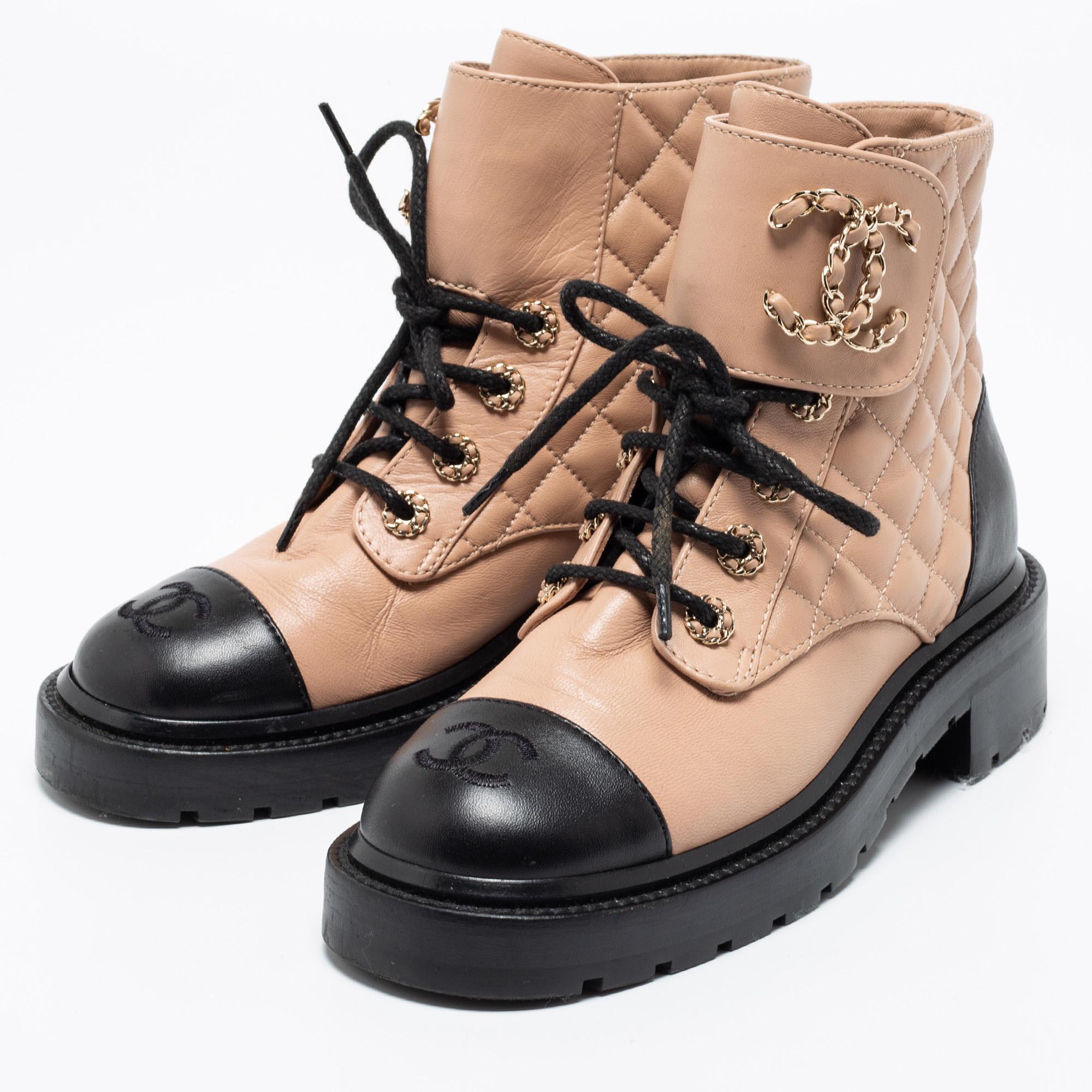 Chanel Beige/Black Quilted Leather Chain Combat Tie Ankle Boots Size 36.5 1