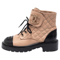 Women's Chain CC Cap Toe Lace Up Combat Boots Quilted Shiny Calfskin