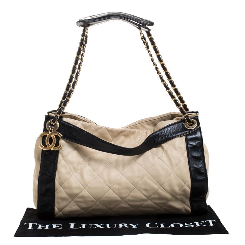 Chanel Beige/Black Quilted Leather Chain Tote 8