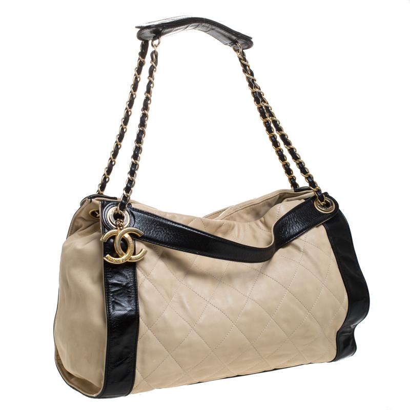 Chanel Beige/Black Quilted Leather Chain Tote 3