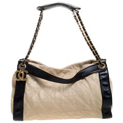 Chanel Beige/Black Quilted Leather Chain Tote