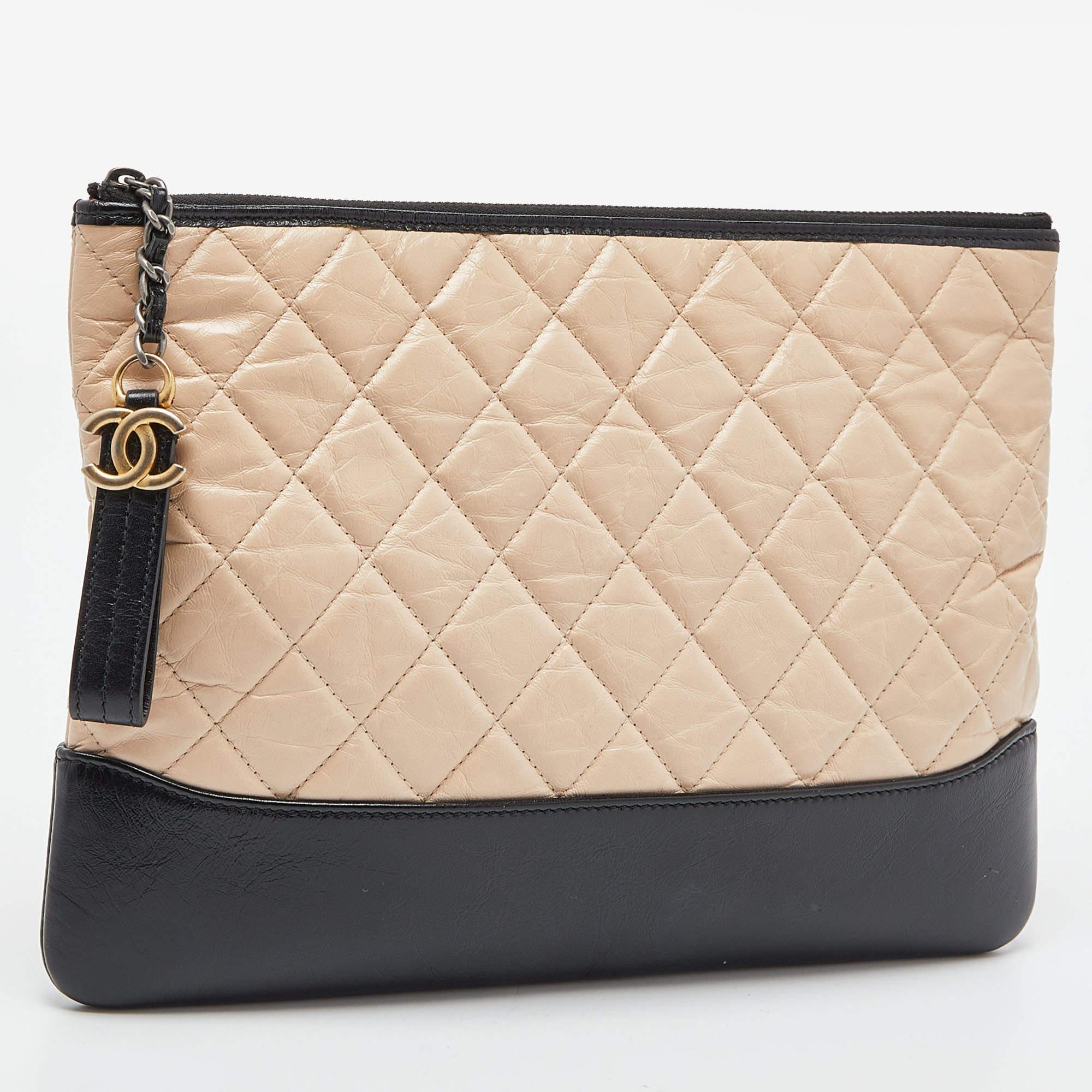 Women's Chanel Beige/Black Quilted Leather Gabrielle Clutch