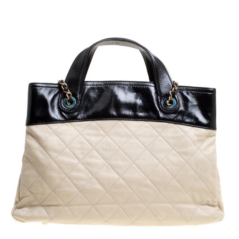 Chanel Beige/Black Quilted Leather In The Mix Shopping Tote For Sale at ...