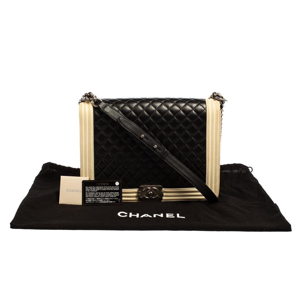 Chanel Beige/Black Quilted Leather Large Boy Flap Bag 11