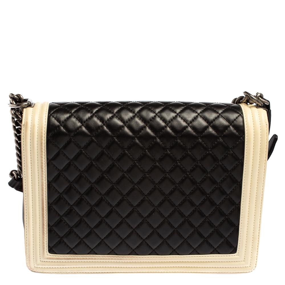 Women's Chanel Beige/Black Quilted Leather Large Boy Flap Bag