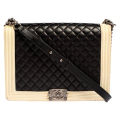 Chanel Beige/Black Quilted Leather Large Boy Flap Bag