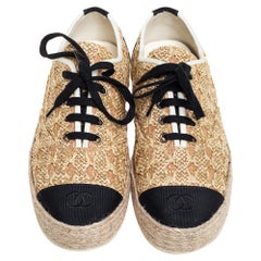 Chanel Beige/Black Raffia And Canvas Espadrille Sneakers Size 39