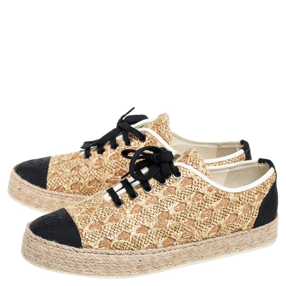 Chanel Beige/Black Raffia And Canvas Espadrille Sneakers Size 39 2
